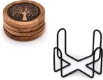 Coasters Set of 4 Acacia Wood Round Wooden Tree of Life Coasters with Iron - Image 4