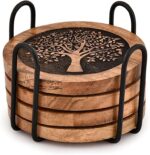 Coasters Set of 4 Acacia Wood Round Wooden Tree of Life Coasters with Iron - Image 2