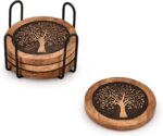 Coasters Set of 4 Acacia Wood Round Wooden Tree of Life Coasters with Iron - Image 3