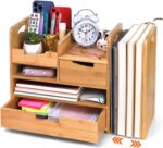 Bamboo Desk Organizer with Adjustable File Holder, Mail Organizer Countertop