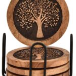 Coasters Set of 4 Acacia Wood Round Wooden Tree of Life Coasters with Iron