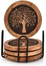 Coasters Set of 4 Acacia Wood Round Wooden Tree of Life Coasters with Iron